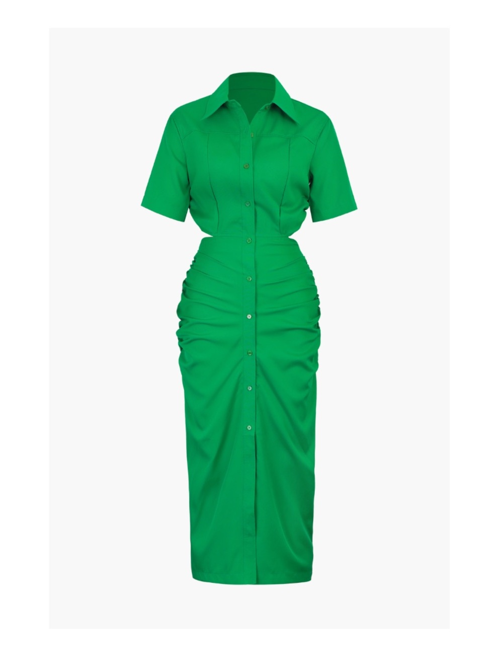 Button-Front Cut Out Ruched Midi Dress - Green *NWT*